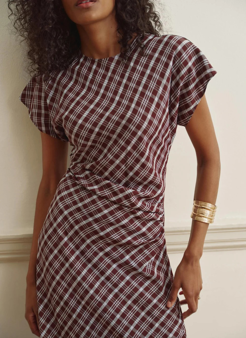 Burgundy Checked Ruched Midi Dress | Mint Velvet