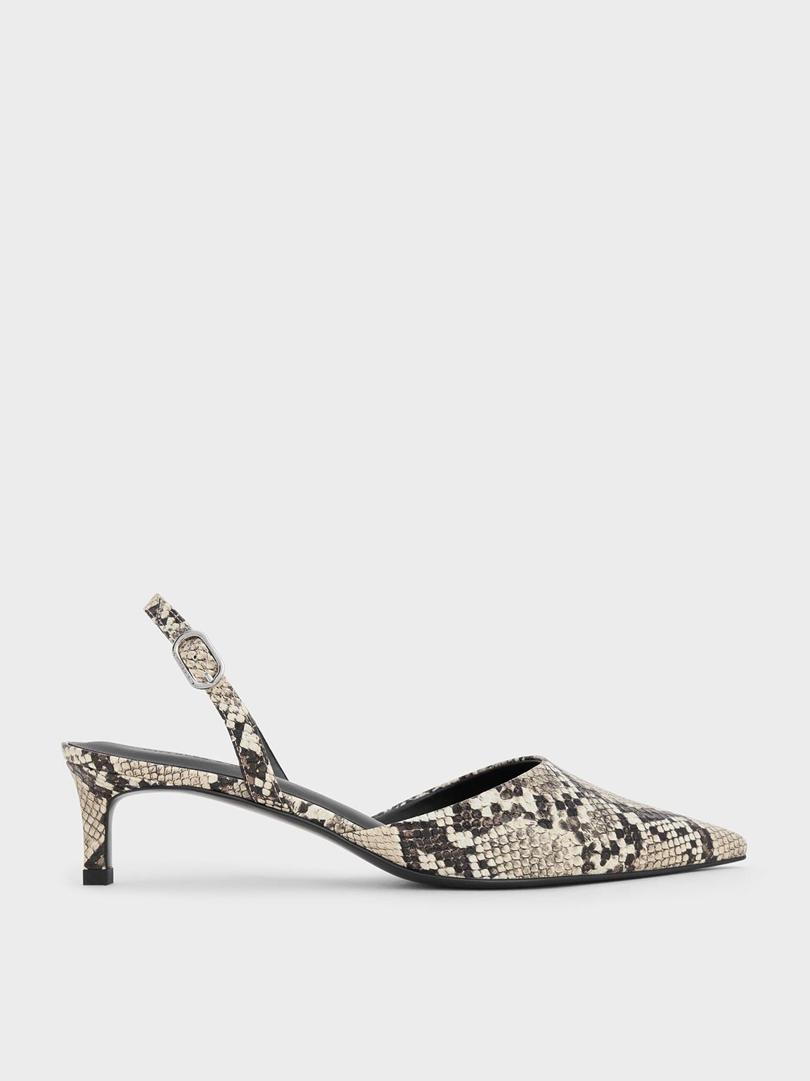 Snake-Print Pointed-Toe Slingback Kitten Heels
    
         - Animal Print Natural | Charles & Keith US