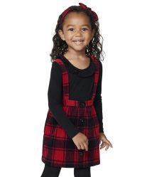 Toddler Girls Ruffle Top And Sleeveless Plaid Woven Pinafore 2-Piece Set | The Children's Place  ... | The Children's Place