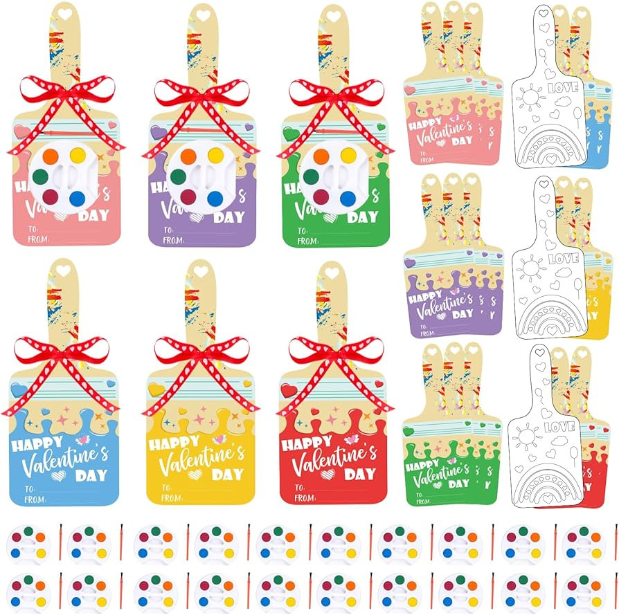 24 Pcs Valentines Day Gifts for Kids Class, Classroom Exchange Cards Mini Watercolor Paint Set, P... | Amazon (US)