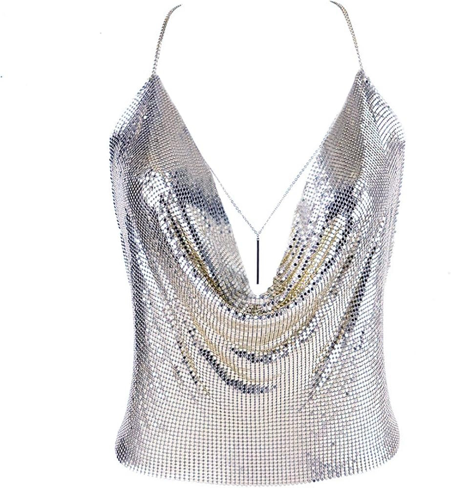 Gold Sexy Tops for Women Sparkly Deep V Neck Crop Tank Tops Cami Body Chain Top | Amazon (US)