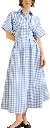 Yeokou Women Plaid Shirt Dress Short Sleeve Button Down Pleated Gingham A Line Maxi Dresses Casua... | Amazon (US)