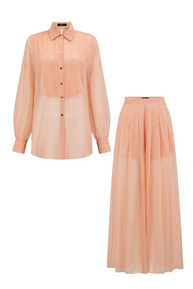 MELITA PEACH FUZZ SILK PLEATED SHIRT AND PANTS SET | 21Six | CULT MIA | CULT MIA UK LTD
