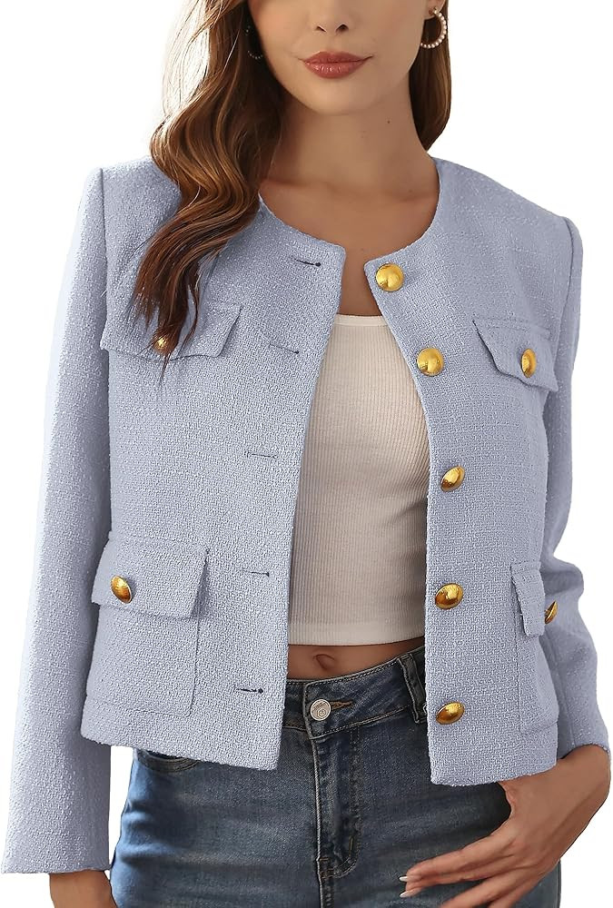 M.Infisavo 2025 Women Tweed Jacket Cropped Blazers Spring Summer Elegant Round Neck Pockets Busin... | Amazon (US)