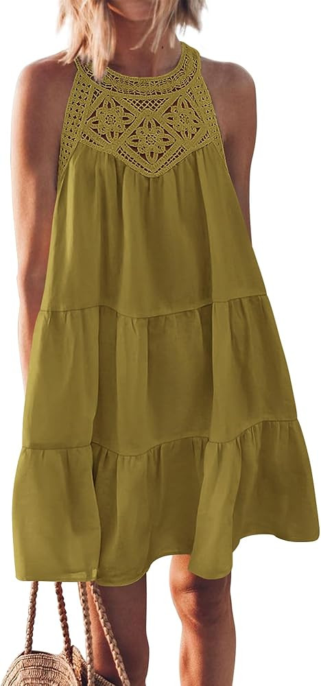 BTFBM Women's Summer Hollow Out Halter Dresses Casual Sleeveless A-Line Tiered Swing Sundress Bea... | Amazon (US)