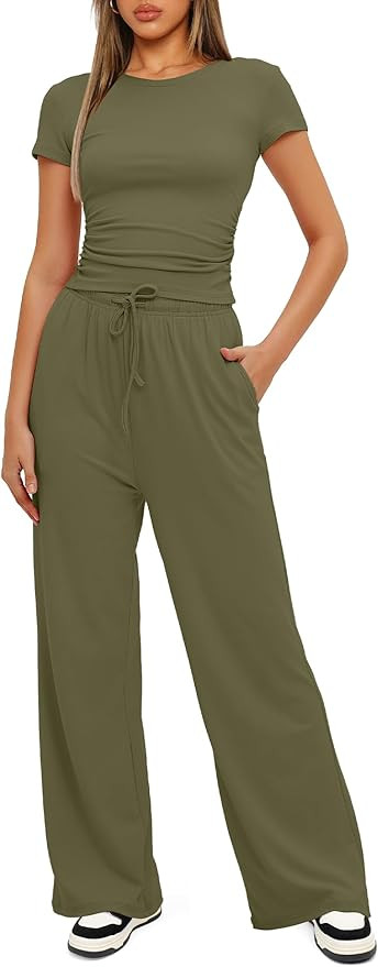 Darong Women's 2 Piece Outfits Lounge Sets Ruched Short Sleeve Tops and High Waisted Wide Leg Pan... | Amazon (US)
