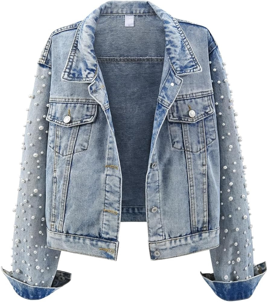 Kedera Women's Embroidered Pearls Rivet Denim Jacket Casual Loose Short Jean Coat | Amazon (US)