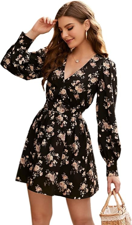 Floerns Women's Floral Print V Neck Long Sleeve Wrap Swing A Line Mini Dress | Amazon (US)