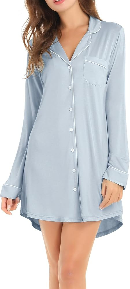 Womens Bamboo Viscose Sleep Shirt Long Sleeve Button Down Nightgowns Boyfriend Nightshirt S-XXL | Amazon (US)