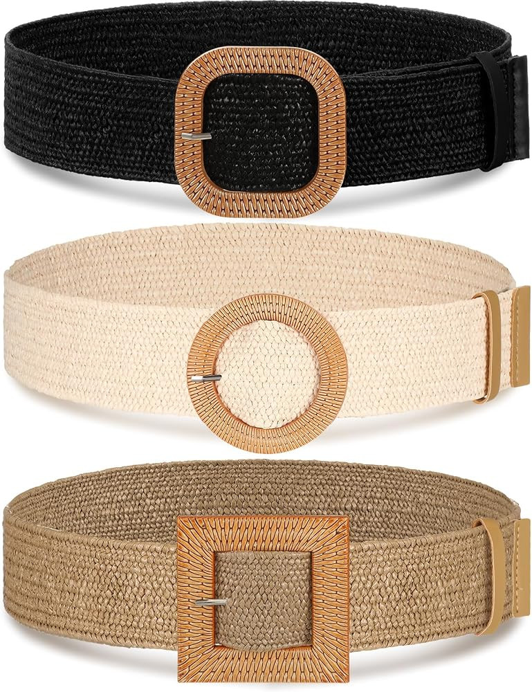 Syhood 3 Pieces Straw Woven Elastic Waist Belt for Women Bohemian Dress Braided Belt | Amazon (US)