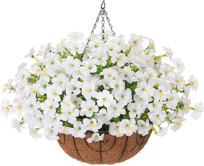 INSPRING Artificial Faux Hanging Flowers Plants Basket for Outdoors, UV Resistant White Fake Silk... | Amazon (US)