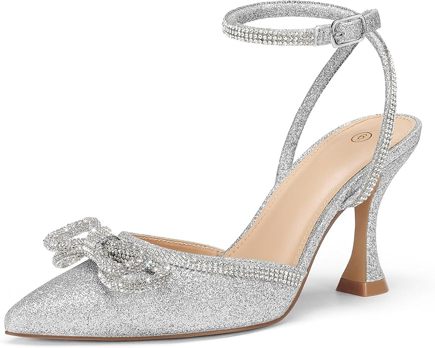 mysoft Women's Rhinestone Bow Pumps Wedding Dress Shoes Pointed Toe Ankle Strap Kitten Heels | Amazon (US)