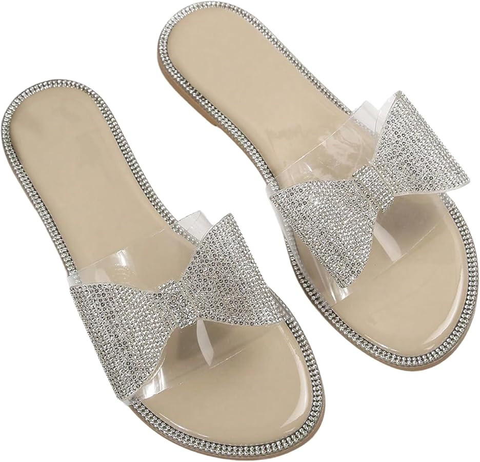 GORGLITTER Women's Rhinestone Clear Flat Sandals Bow Open Toe Slip on Summer Slide Sandals | Amazon (US)