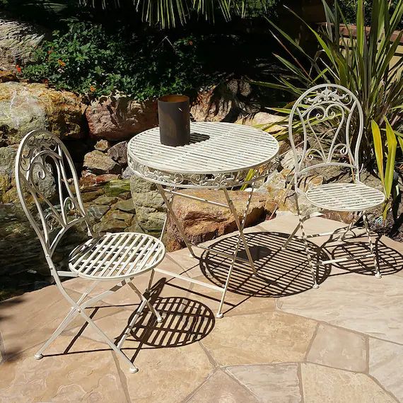 Antiqued Iron 3-Piece Folding Bistro Set - Outdoor Conversation Patio Set | Etsy (US)