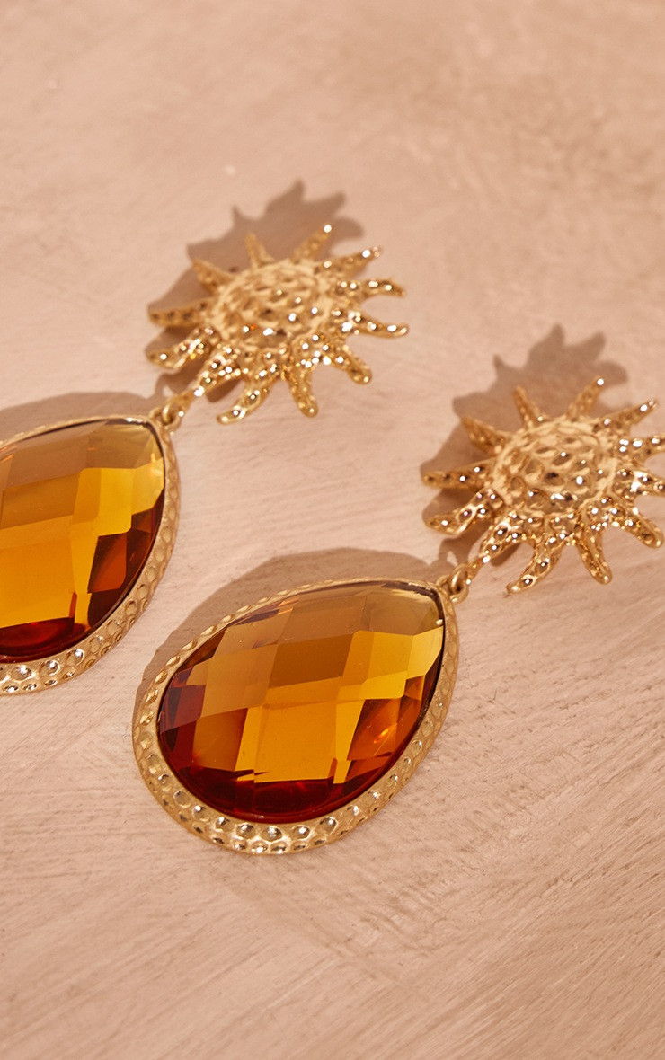 Amber Textured Sun & Jewel Drop Statement Earrings | PrettyLittleThing US