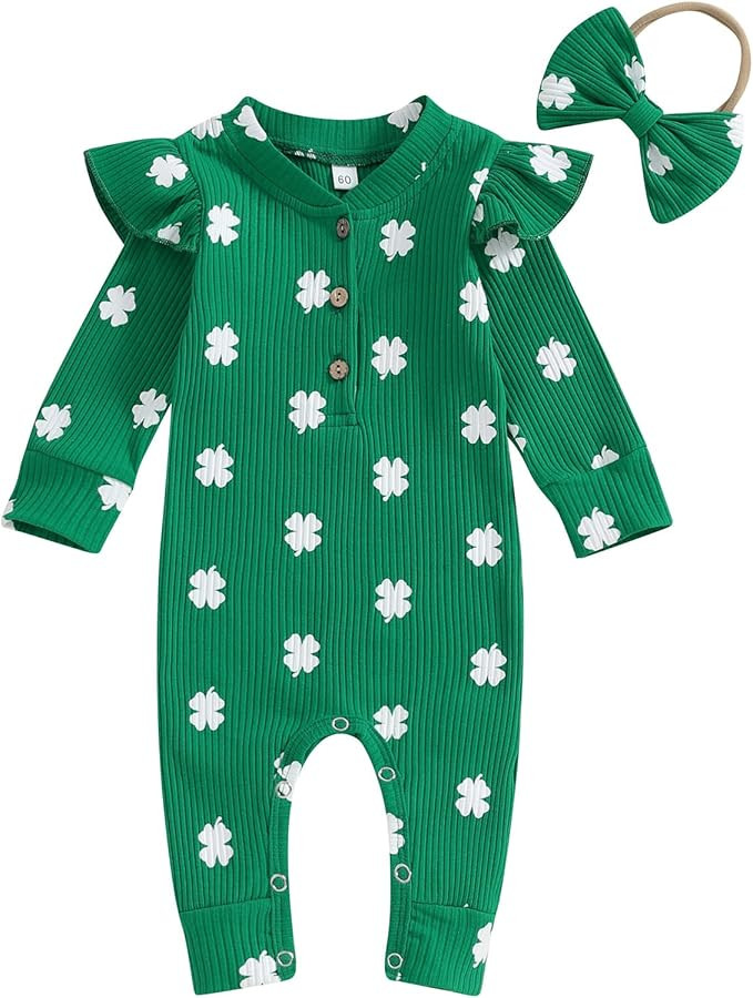 Lamuusaa Newborn Baby Girl St. Patricks Day Outfit Ruffle Ribbed Romper Shirts Four Leaf Clover J... | Amazon (US)