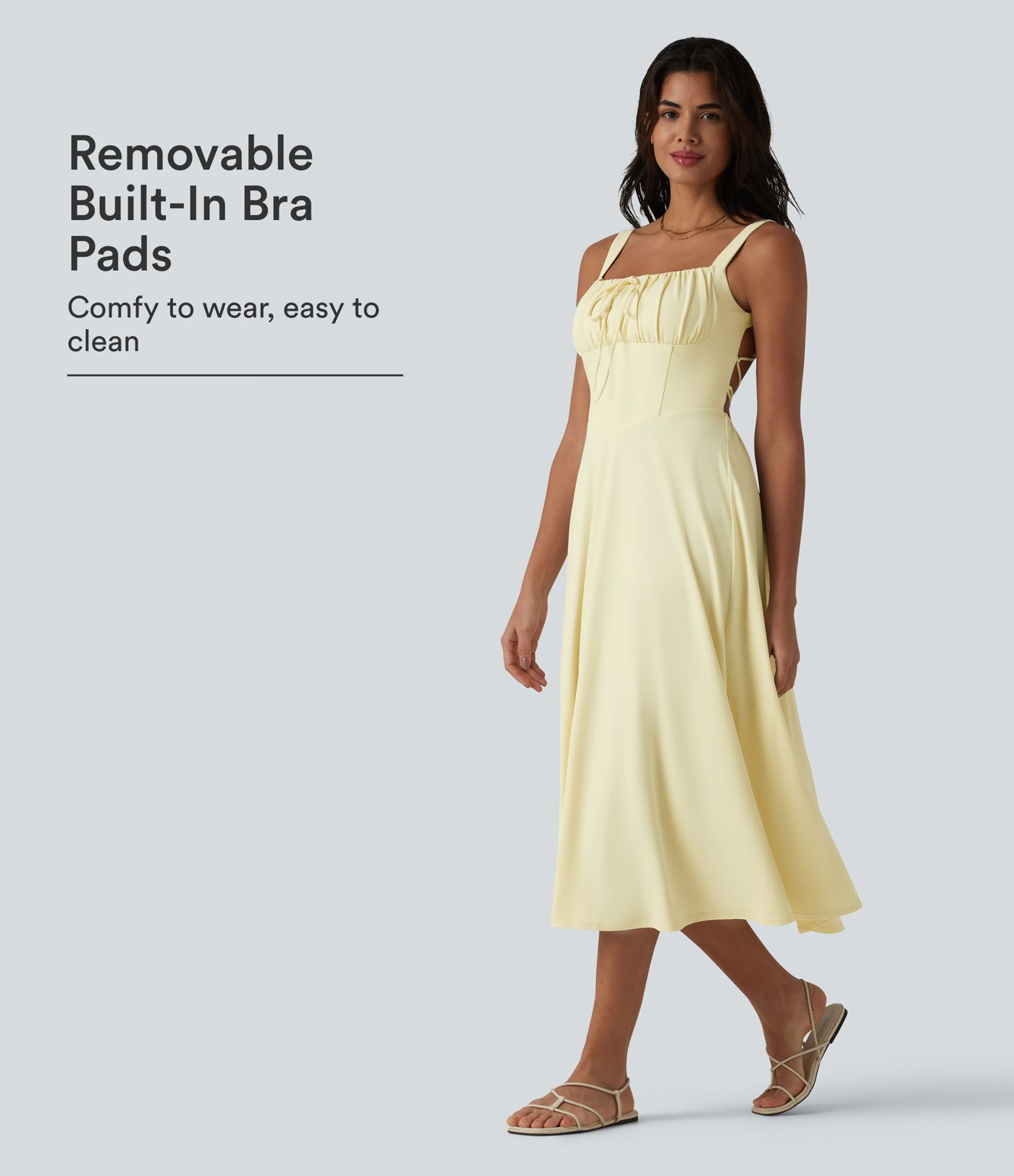 Crisscross Backless Square Neck Sleeveless Ruched Built-in Bra Midi Resort Flowy Dress | HALARA