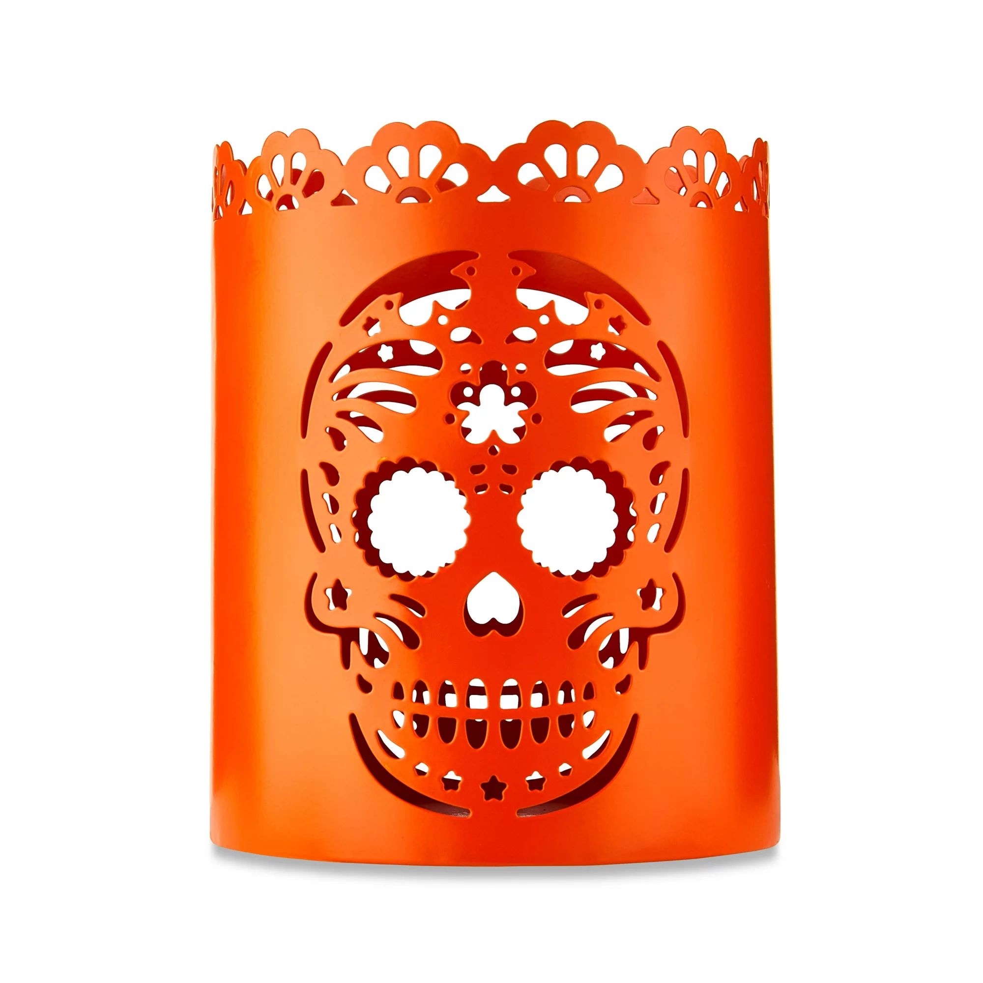 Halloween Orange Metal Day-of-the-Dead Skull Candleholder Decoration, 4 in L x 4 in W x 5 in H, b... | Walmart (US)