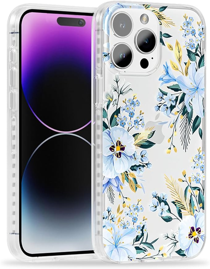 for iPhone 15 Pro Max Case with Blue Viola Cornuta Floral Design, Cute Clear Flower Phone Bumper ... | Amazon (US)