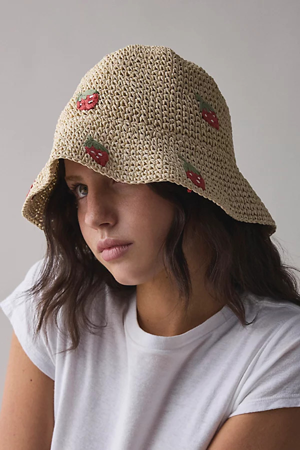Fruit Woven Straw Bucket Hat in Strawberry, Women's at Urban Outfitters | Urban Outfitters (US and RoW)