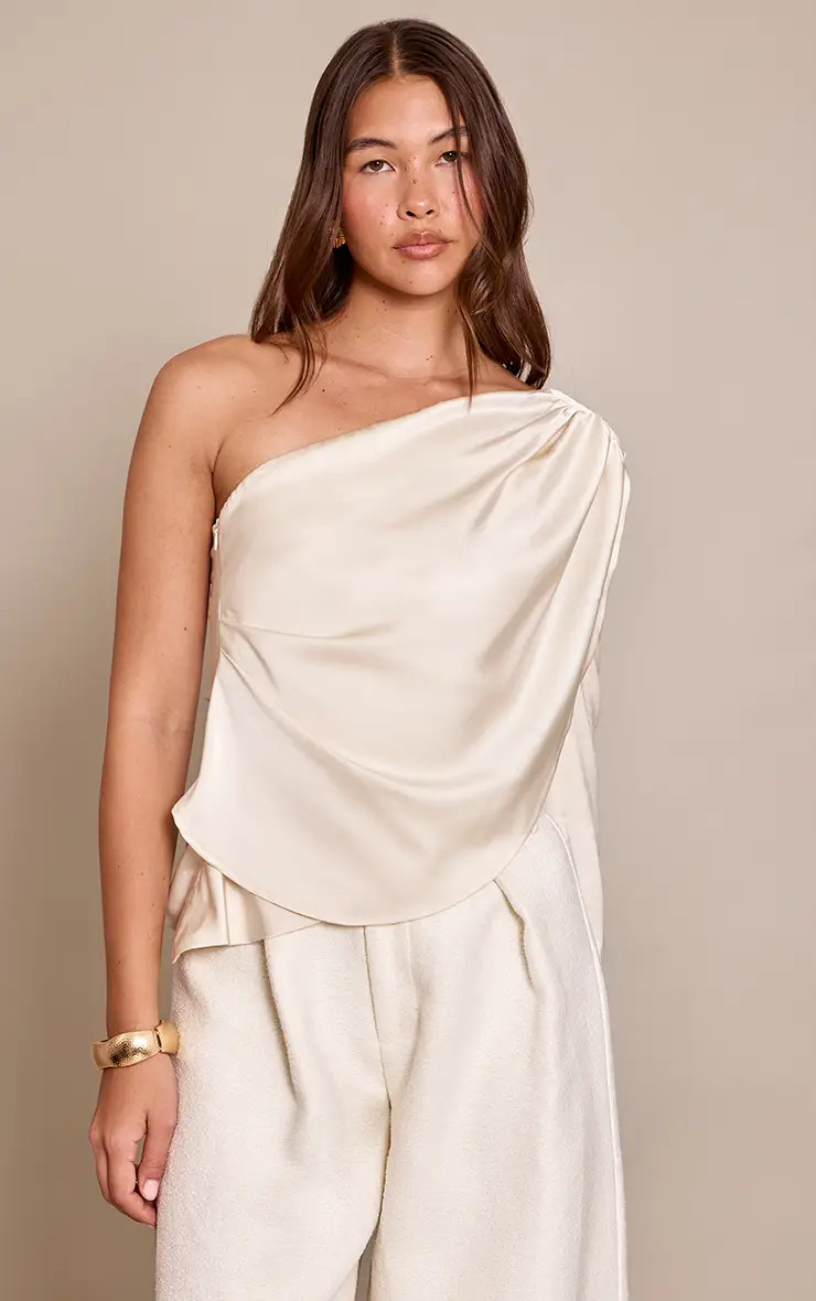 Cream Satin One Shoulder Top | PrettyLittleThing USA | PrettyLittleThing US
