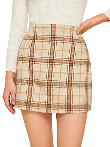 MakeMeChic Women's Plaid Skirt High Waisted Pencil Mini Skirt D Beige Brown S | Amazon (US)
