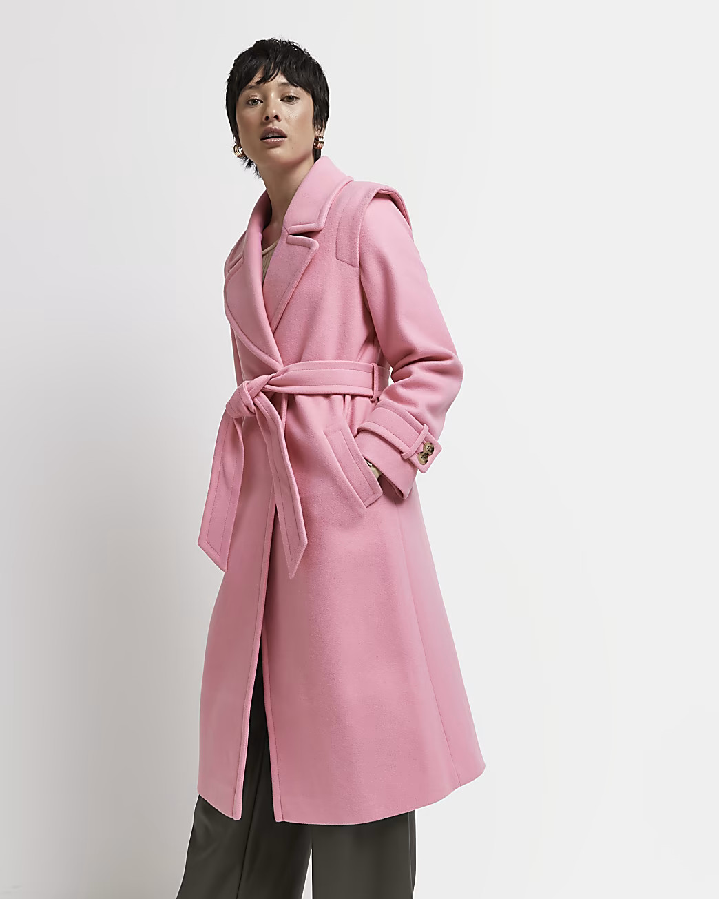 Petite pink belted trench coat | River Island (US)
