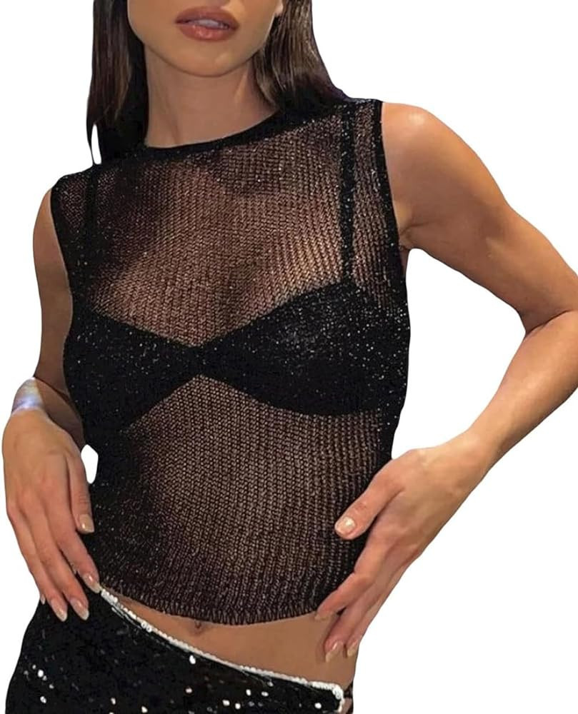 Women Crochet Knit Vest Sexy Sparkly Sleeveless Sheer Mesh Vintage Y2k Strapless Crop Tank Tops | Amazon (US)
