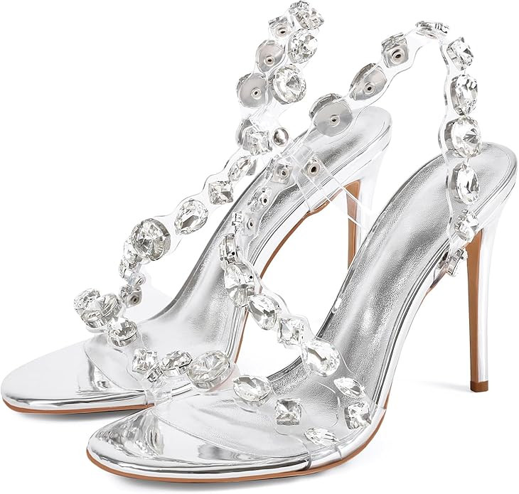 Women’s Clear Rhinestone High Heel Sandals Open Toe Stiletto Heel Transparent Crystal Strap Dre... | Amazon (US)