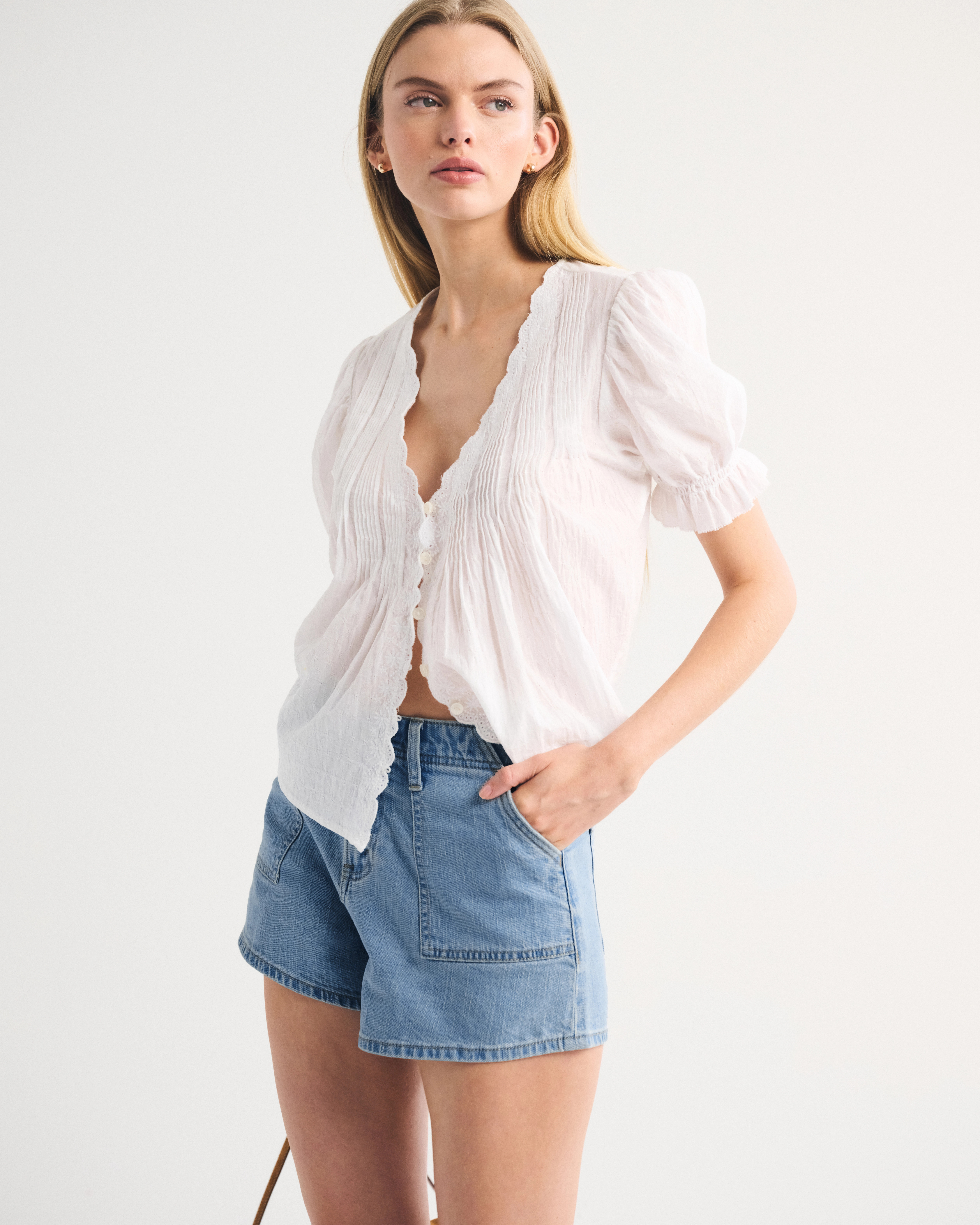 High Rise Linen-Blend Denim Short | Abercrombie & Fitch (US)