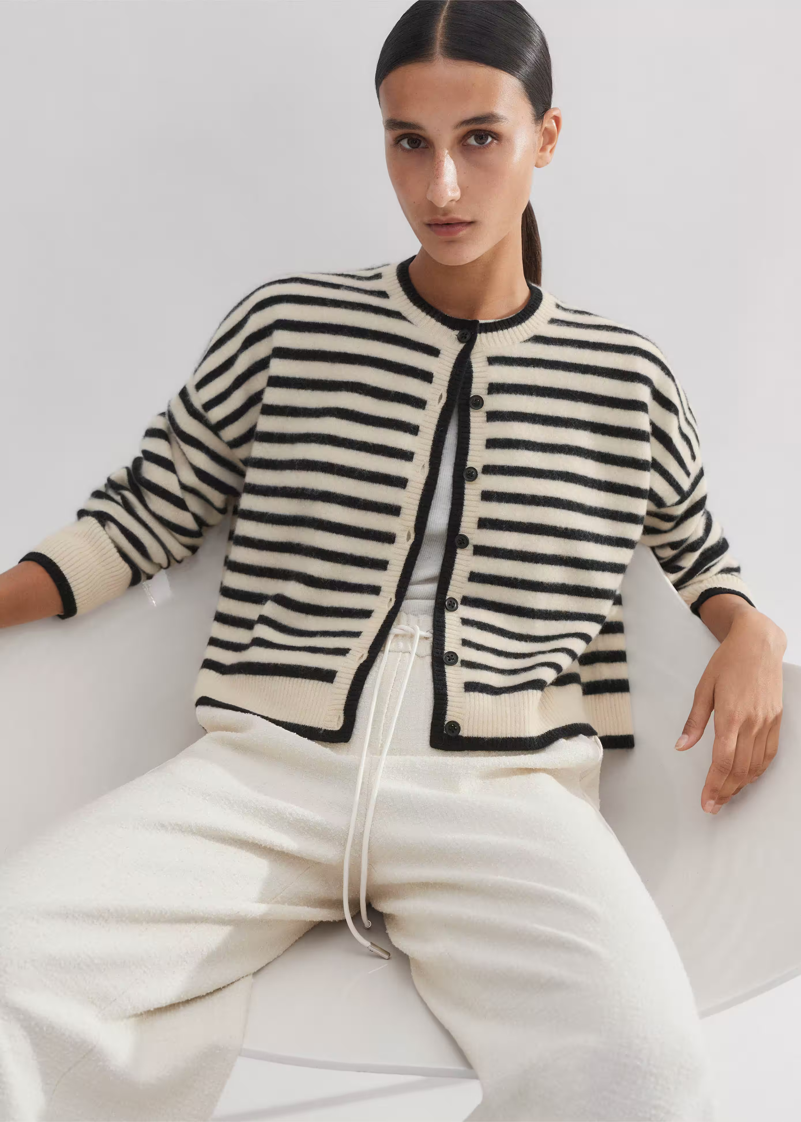 Women's Cream Boiled Cashmere Striped Cardigan | ME+EM | ME+EM Global (Excluding US)