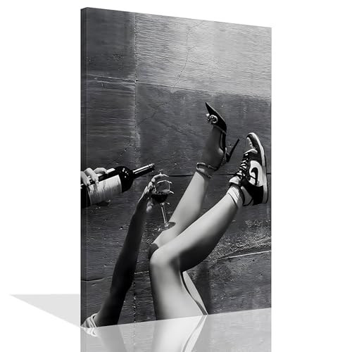 Funky Black And White Canvas Wall Art Retro Aesthetic Poster Trendy Vintage Bar Cart Pictures Elegant Urban Feminist Prints Eclectic Sneakers High Heels Wall Decor for Bedroom Dorm 16x24in Framed | Amazon (US)