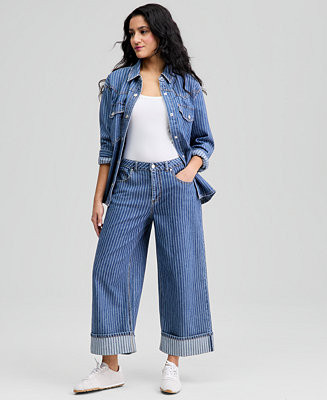 Petite Striped Cuffed Wide-Leg Jeans, Macy's Exclusive | Macy's