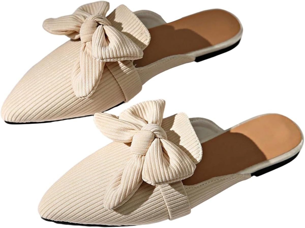 Verdusa Women's Bow Striped Pointed Toe Mule Shoes PU Leather Backless Slip on Slide Flats | Amazon (US)