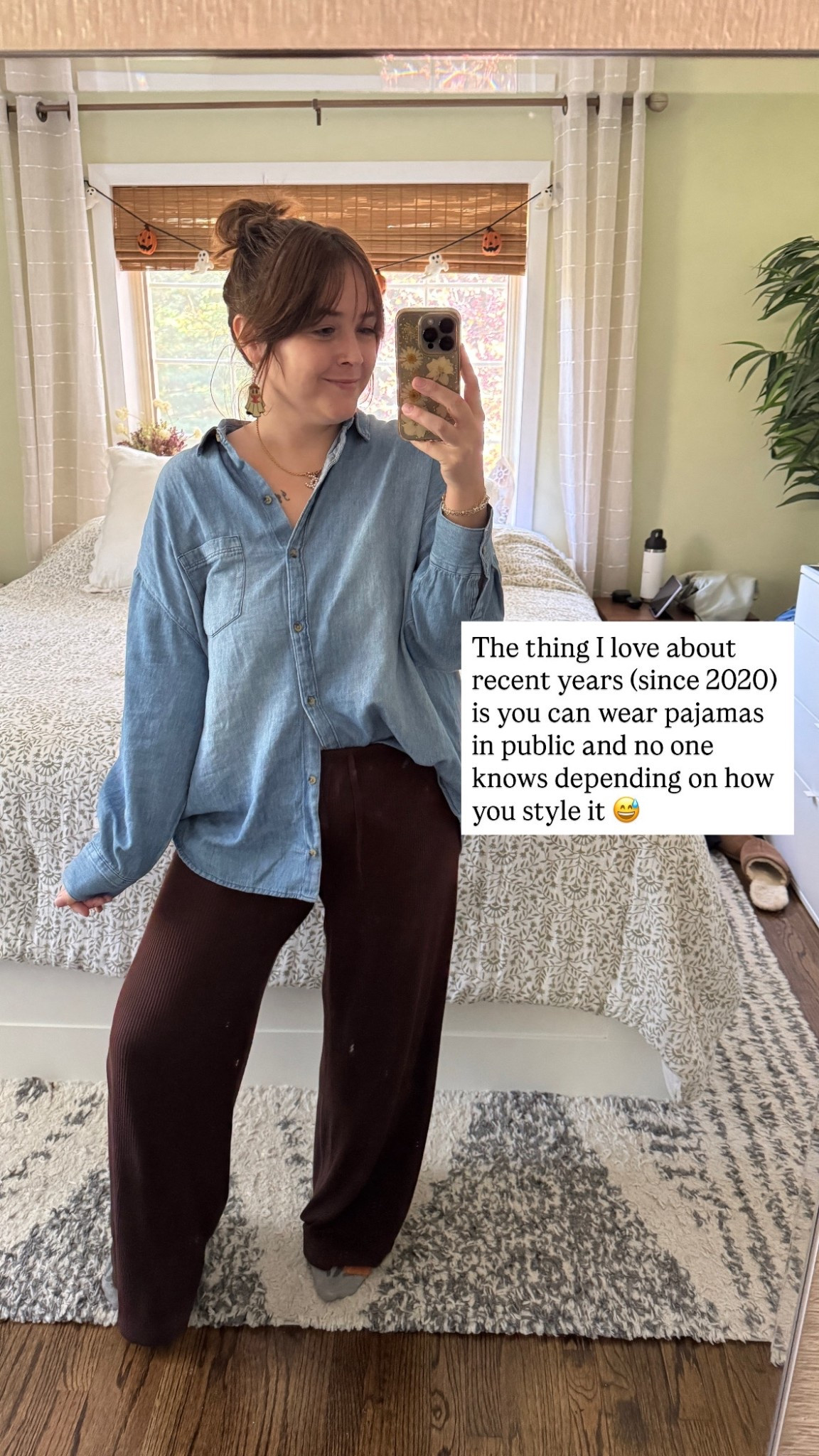 Obsessed with these easy combo! Such a cute fall outfit idea. 

These brown ribbed lounge pants run large. I typically wear a large and went down to a medium. 

In the boyfriend denim shirt I’m wearing a large. It runs slightly oversized, but sizing down the arms would be too tight. 

#LTKSaleAlert #LTKSeasonal #LTKMidsize