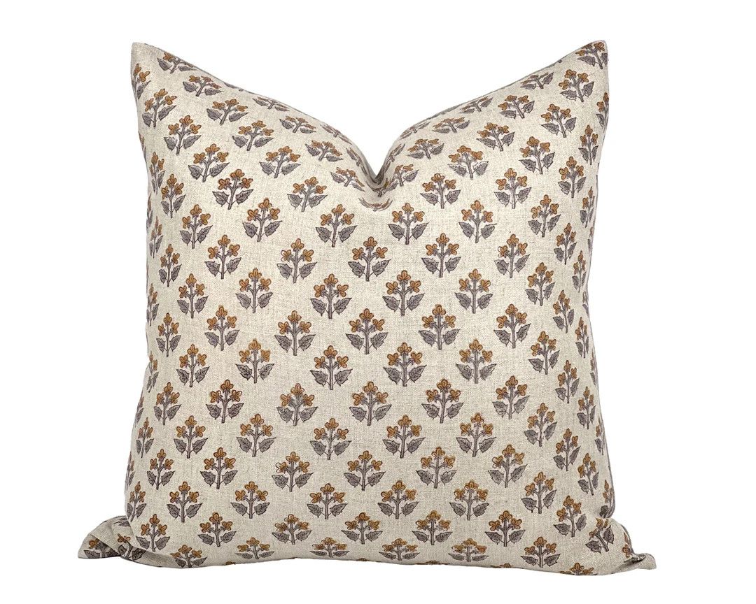 LILY | Designer Mustard Sage Floral Linen Pillow Cover, Block Print Pillow, Farmhouse Pillow, Sma... | Etsy (US)