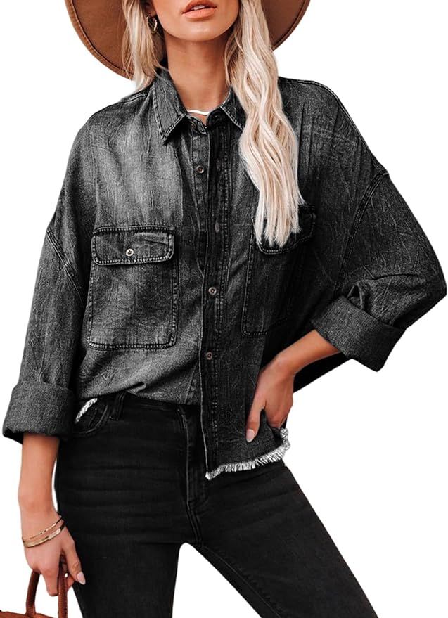Sidefeel Women Oversized Denim Shirt Casual Long Sleeve Button Up Boyfriend Cropped Jean Jacket | Amazon (US)