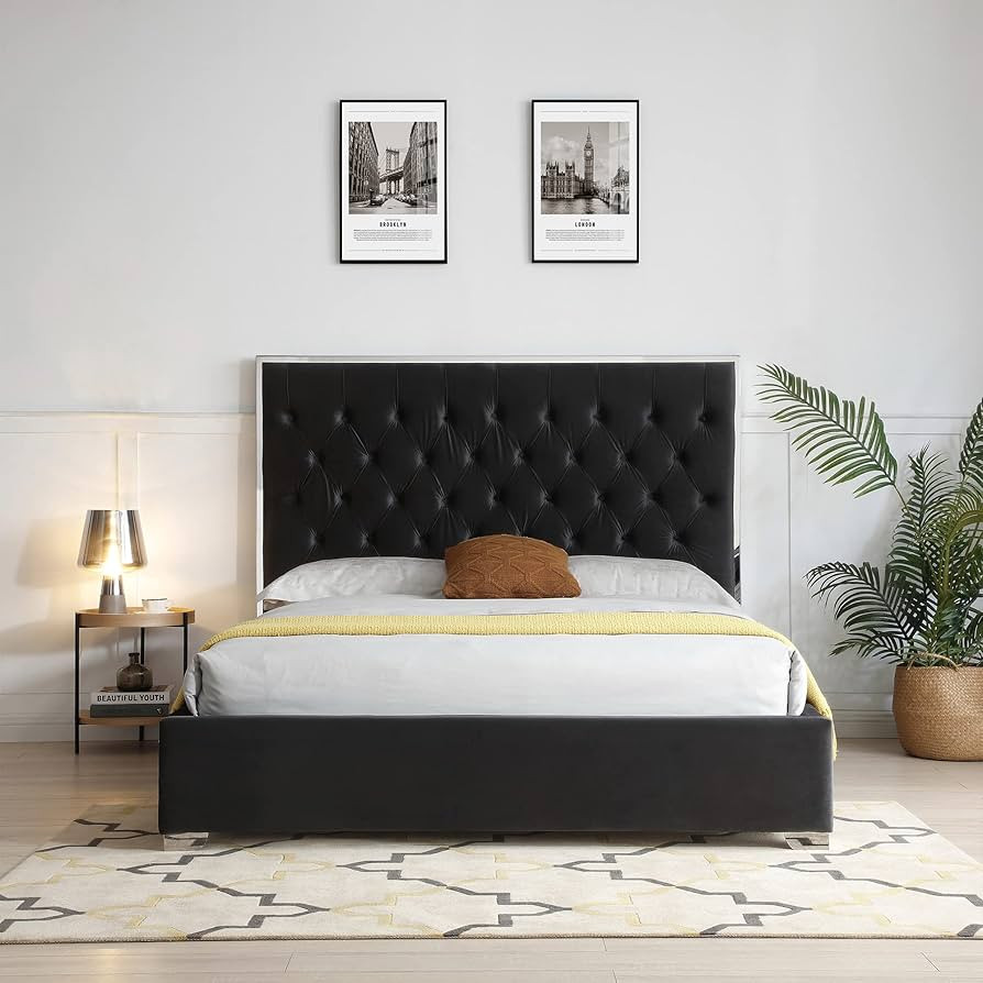 Better Home Products Sophia Velvet King Bed with Silver Metal Frame in Black | Amazon (US)