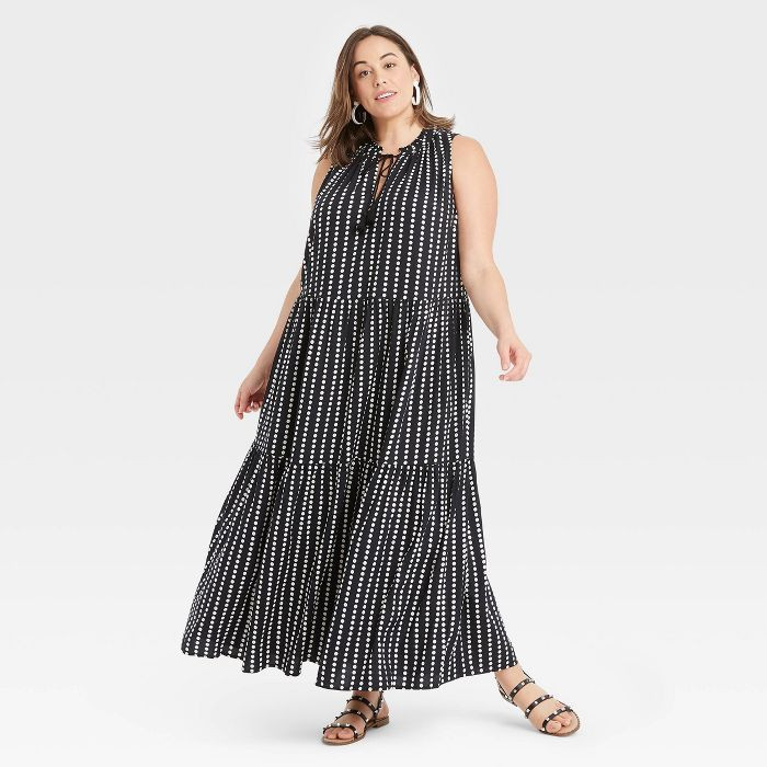 Women's Plus Size Sleeveless Tiered Maxi Dress - Ava & Viv™ Black Polka Dot 3X | Target