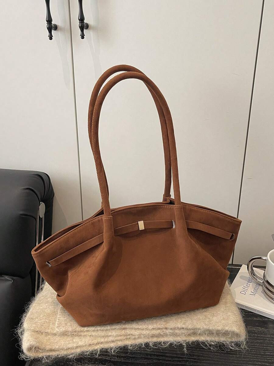 1pc Brown Metal Hardware Decor Large Capacity Solid Color Faux Suede Tote Bag, Women Shoulder Bag... | SHEIN