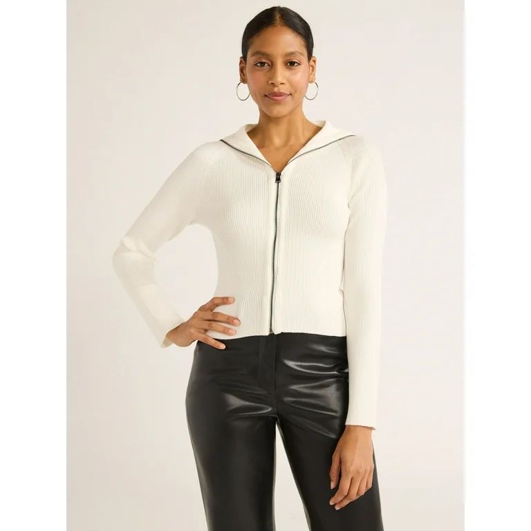 Scoop Women's Ribbed Zip Front Cardigan Sweater, Lightweight, Sizes XS-XXL | Walmart (US)