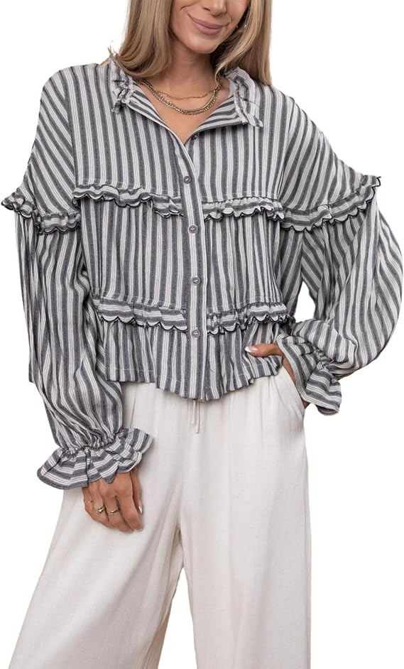 Tanming Womens Striped Button Down Shirts Ruffled Long Sleeve Stand Collar Shirt Dressy Casual Bl... | Amazon (US)