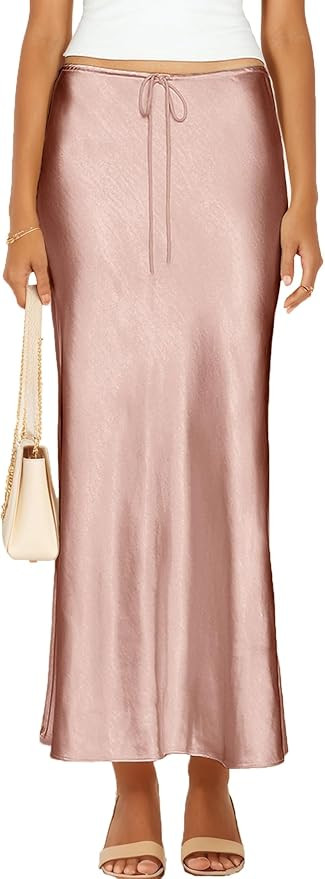 Womens Satin Silk Maxi Skirts Drawstring Flared Casual A-Line Long Skirt for Women | Amazon (US)