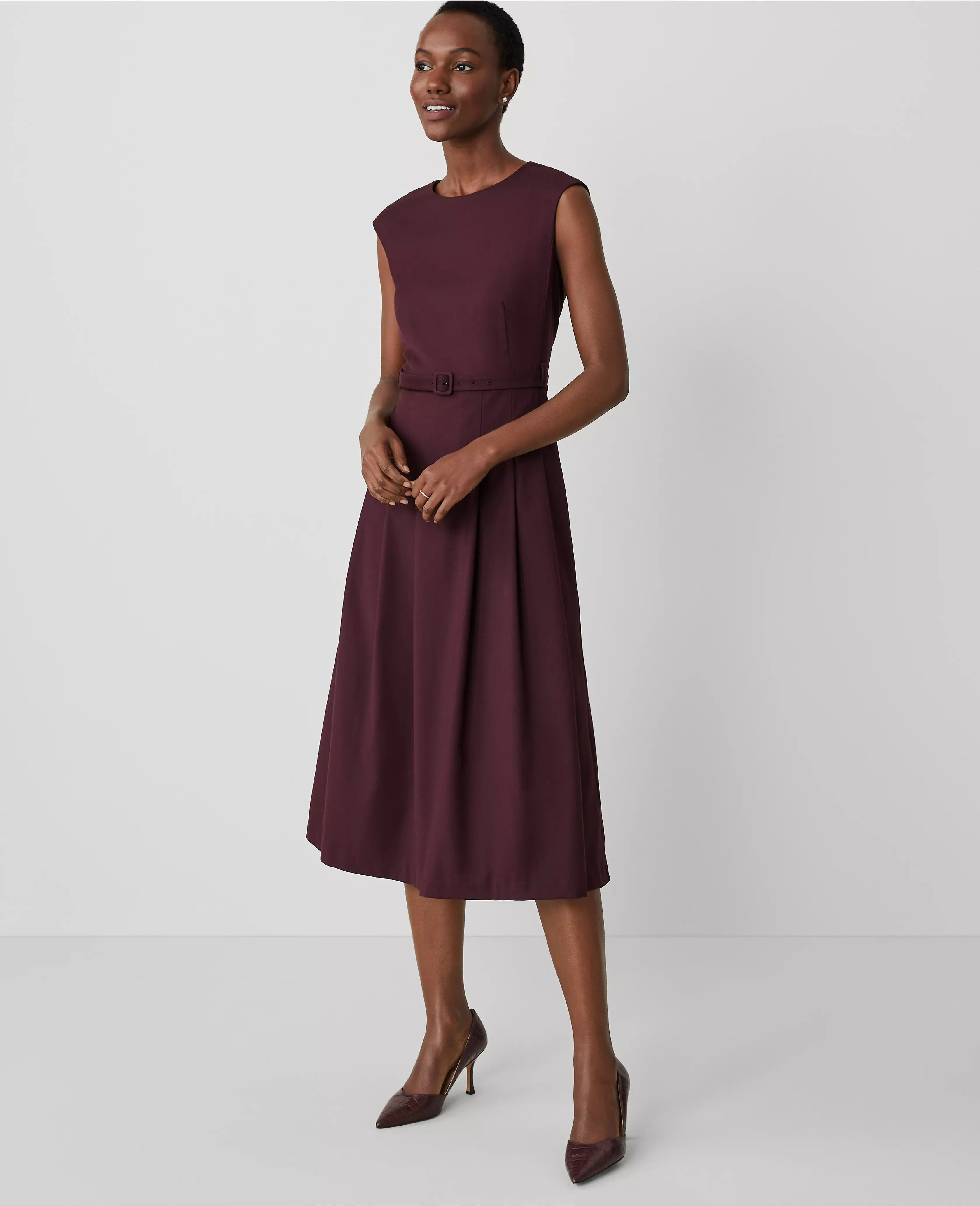 Belted Pleated Dress in Wool Blend Stretch | Ann Taylor (US)