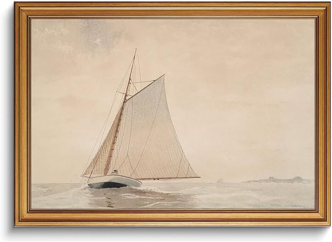 BRUZYIYE Gold Framed Wall Art Vintage Sailboat Canvas Prints Coastal Painting Pictures Nautical W... | Amazon (US)