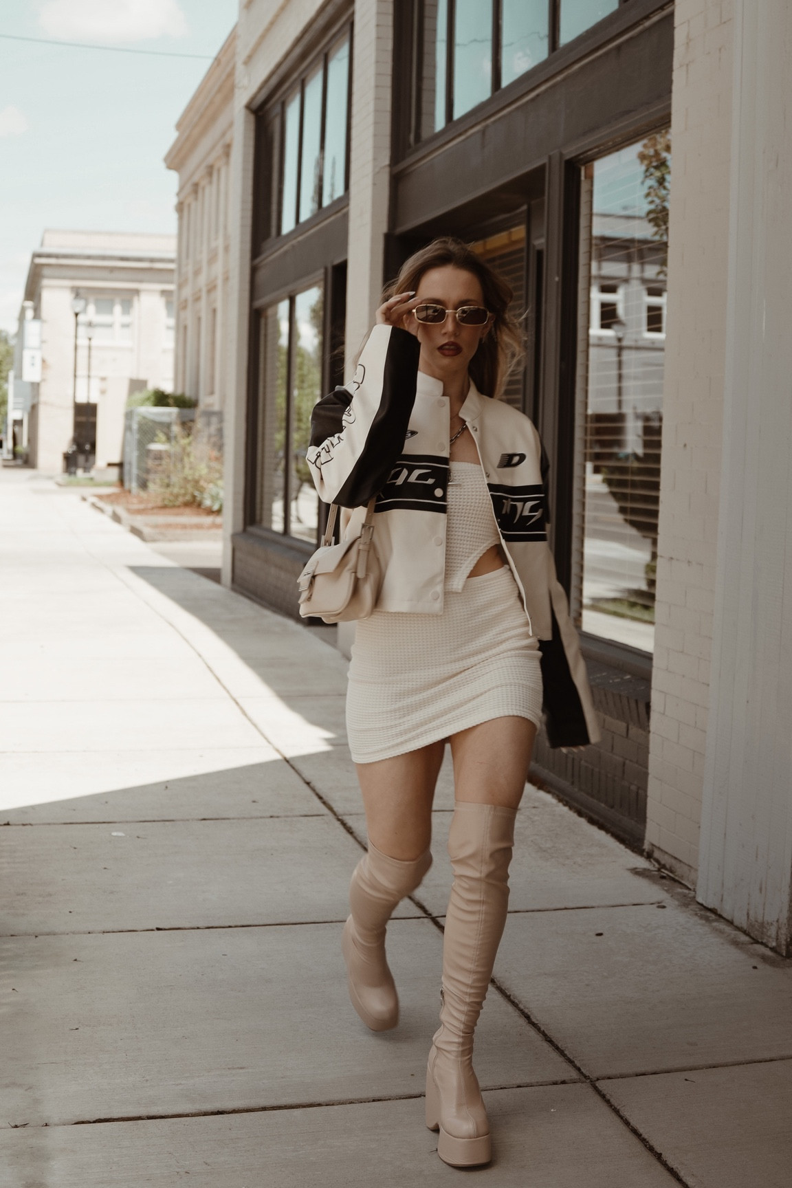 Shein outfit, leather jacket, racer, jacket, neutral, outfit, spring outfit, summer outfit, knee-high, boots, tan boots