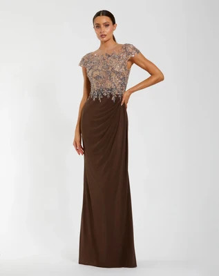 Brown High Neck Embellished Jersey Gown | Mac Duggal