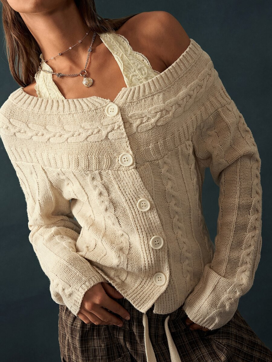 Bohemela Vintage Casual Twisted Rope One-Letter Collar Knit Cardigan Brunch Cream Autumn | SHEIN
