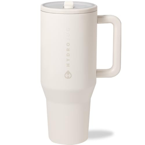 HydroJug Traveler - 40 oz Water Bottle with Handle & Flip Straw - Fits in Cup Holder, Leak Resistant Tumbler-Reusable Insulated Stainless Steel & Rubber Base - Gifts for Women & Men, Cream | Amazon (US)