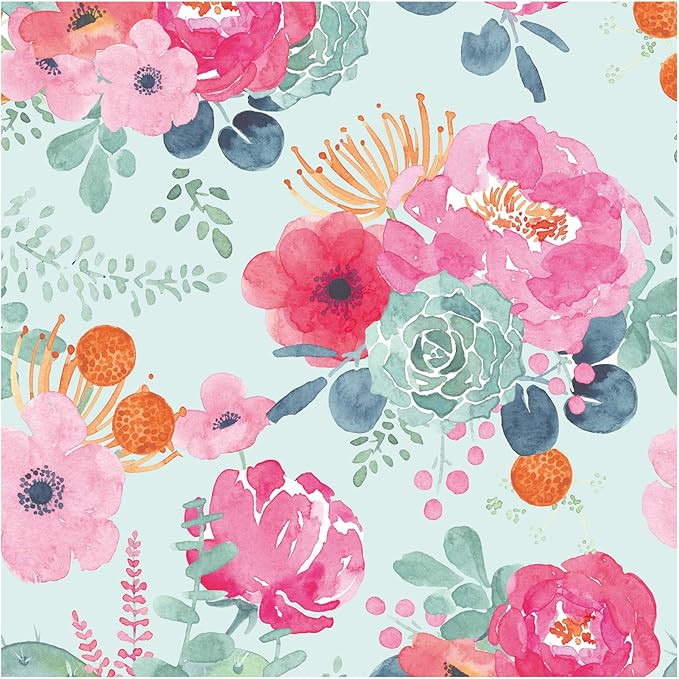 HaokHome 93005-3 Peony Peel and Stick Floral Wallpaper Removable Teal Blue/Pink/Grey Vinyl Cabine... | Amazon (US)